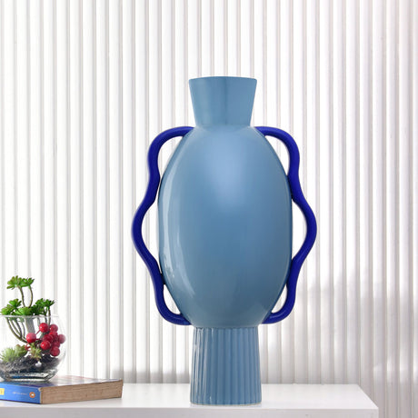 Nilkamal Decorative Semi Fluted Design Dolomite Vase With 2 Handles (Blue)