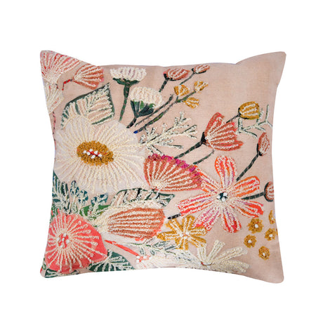 Embroidered Cotton 16" x 16" Cushion Cover (White & Pink)