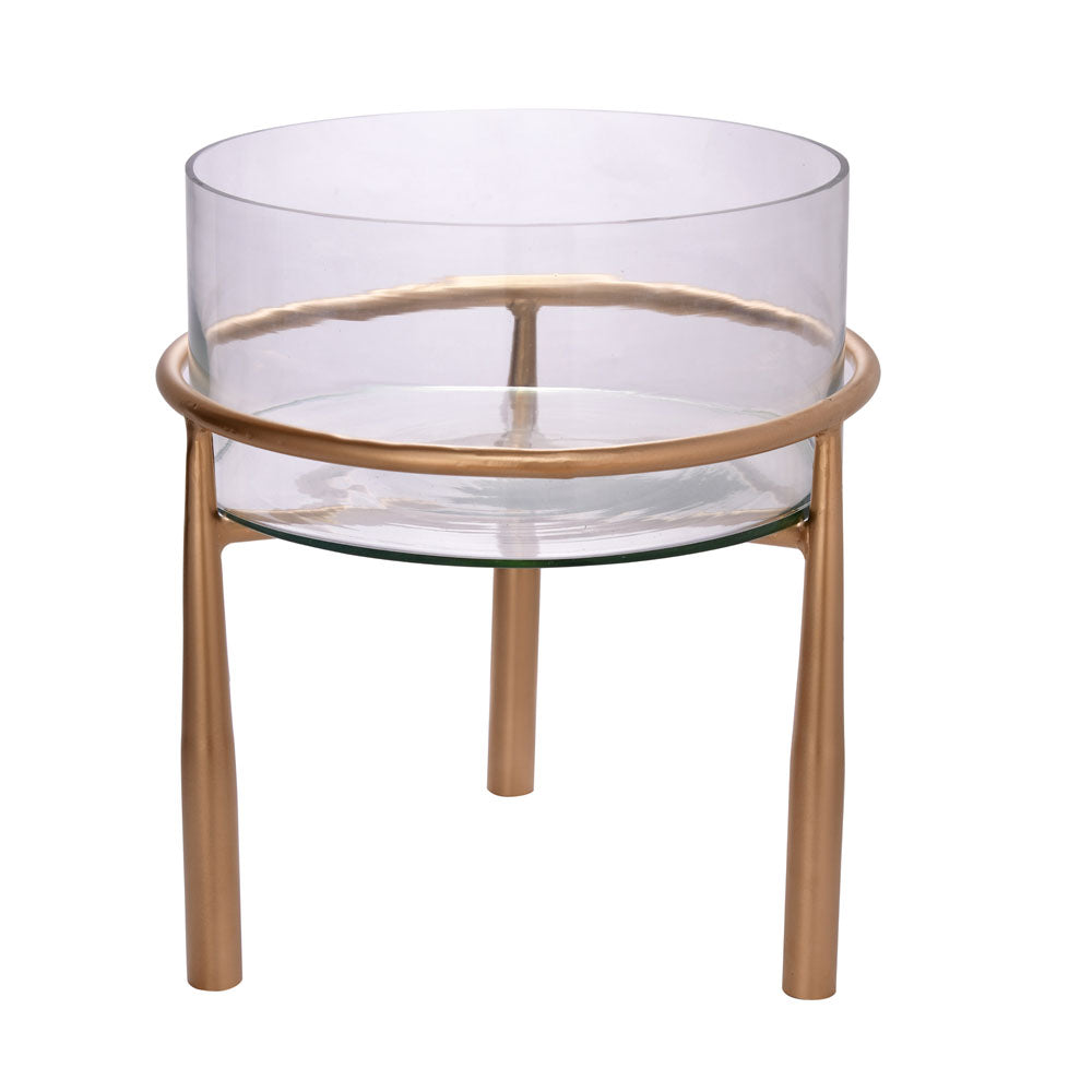 Decorative Metal & Glass Urli With Sleek Stand (Gold)