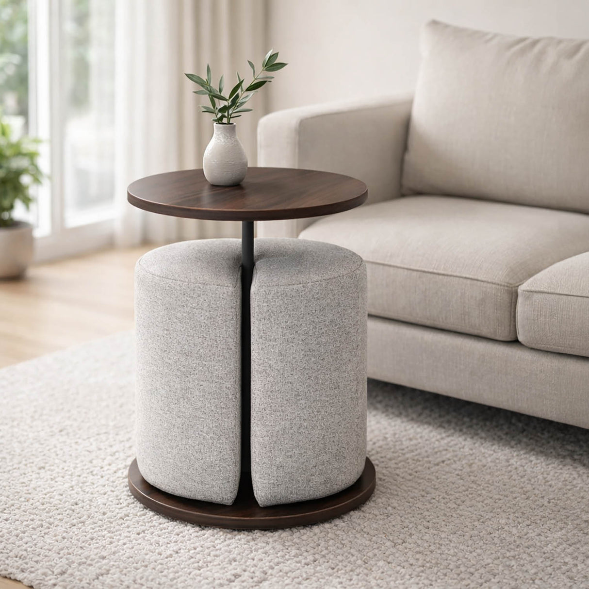 Nicole Side Table with Pouf- Walnut Brown