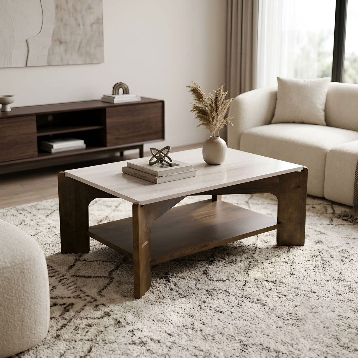 Okan Marble Top Center Table- Walnut