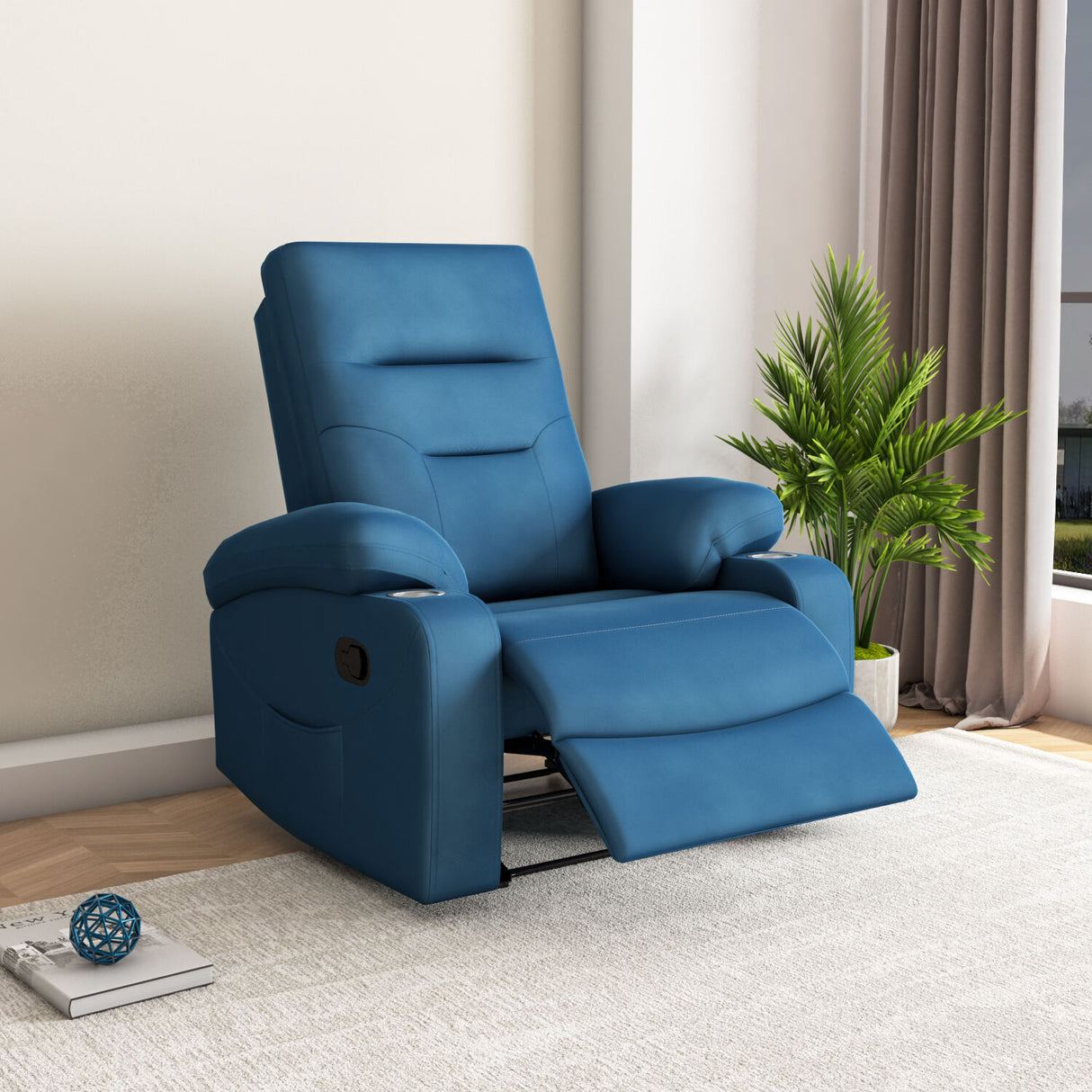 Blue recliner chair with extended footrest open 2