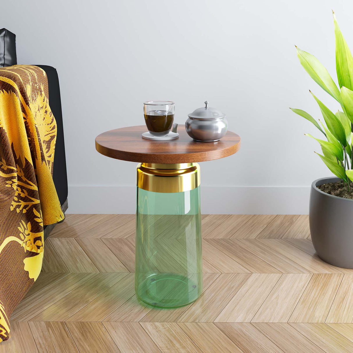 Nilkamal Pixie Glass Side Table With Wooden Top Walnut