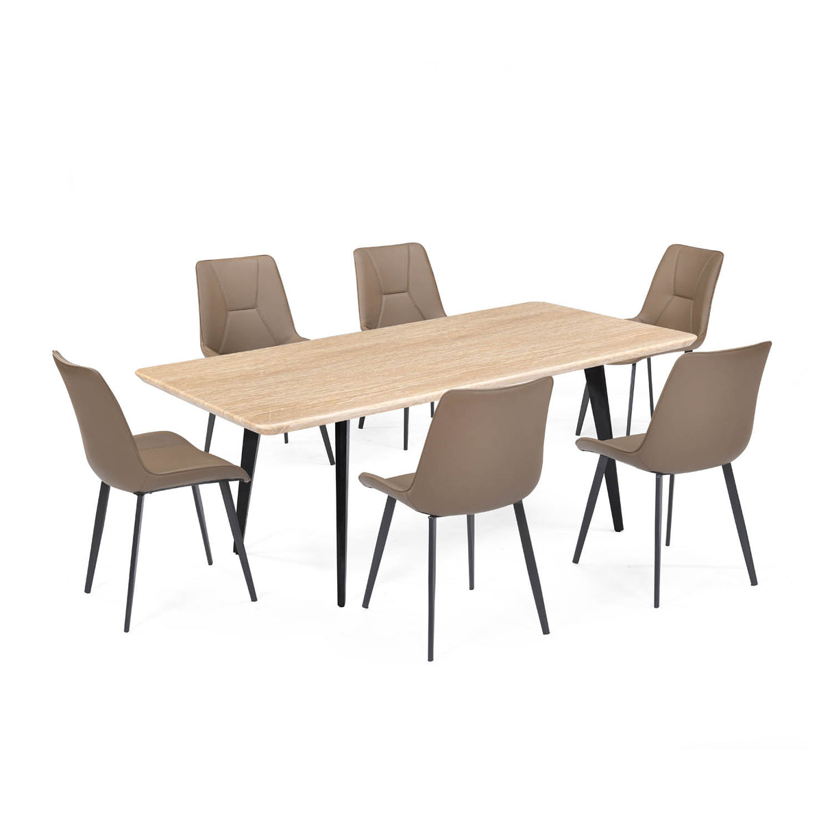 6 Seater Trava Marble Dining Set with Quado Base and Nivo Chairs- Travertine