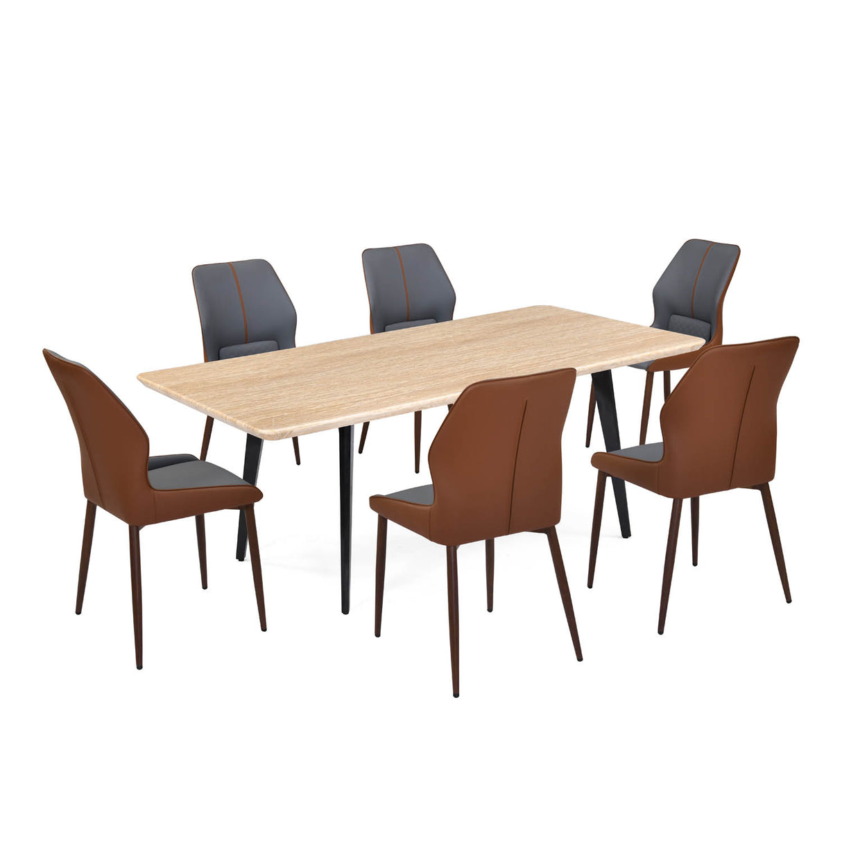 6 Seater Trava Marble Dining Set with Quado Base and Ellipse Chairs- Travertine