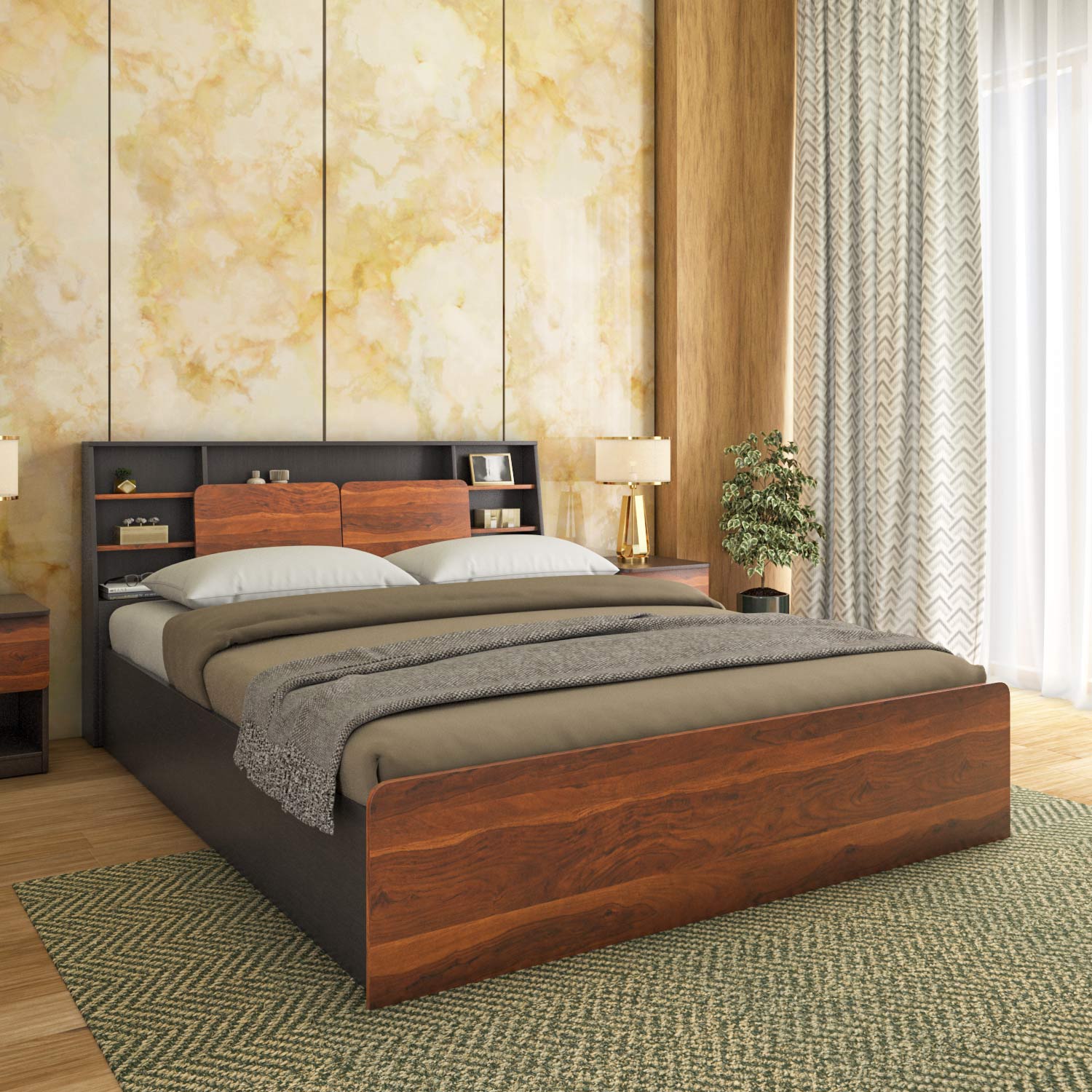 Raven Wooden Queen Bed with Box Storage- Wenge