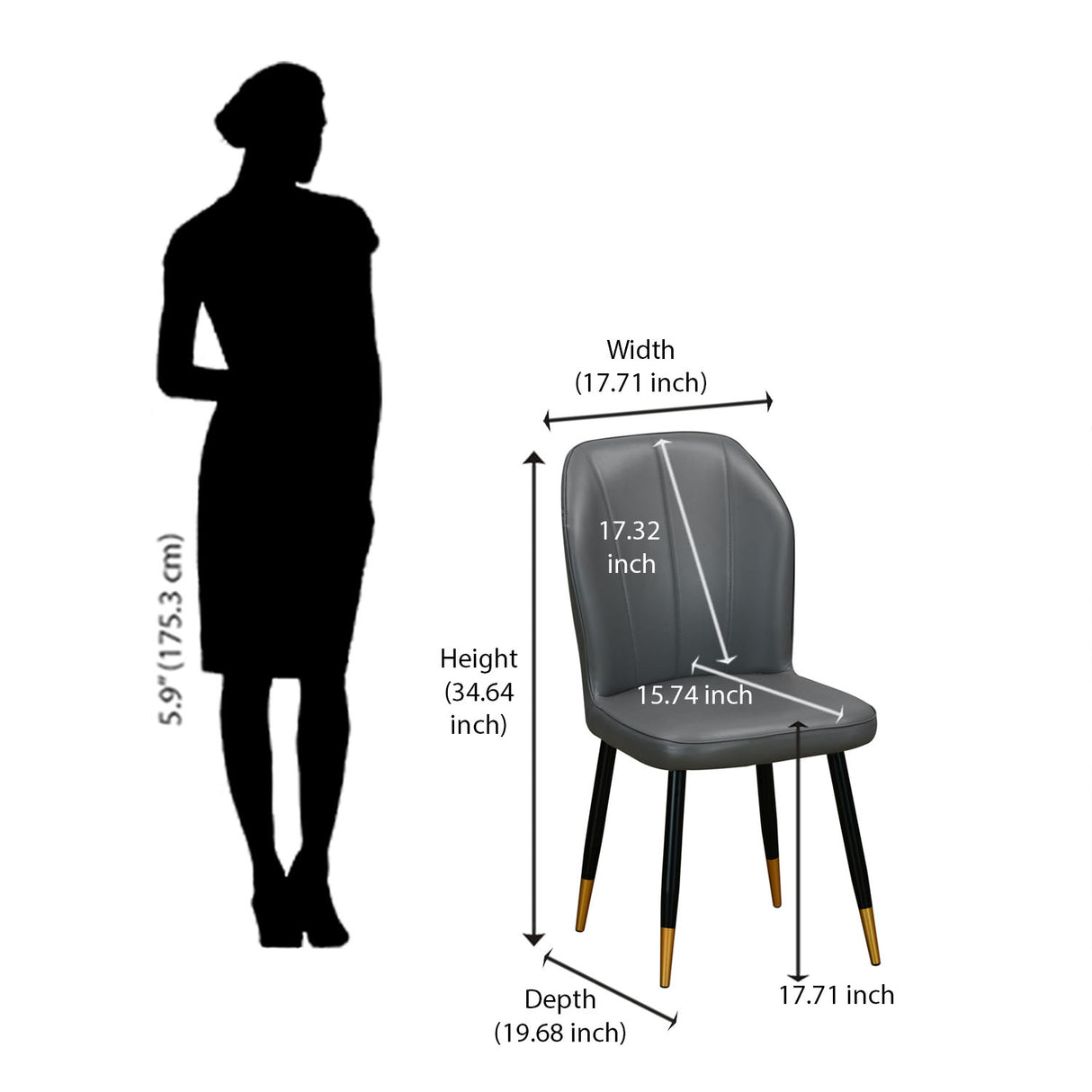 Rexton Grey dining chair with gold-tipped black legs with dimensions in inches 2