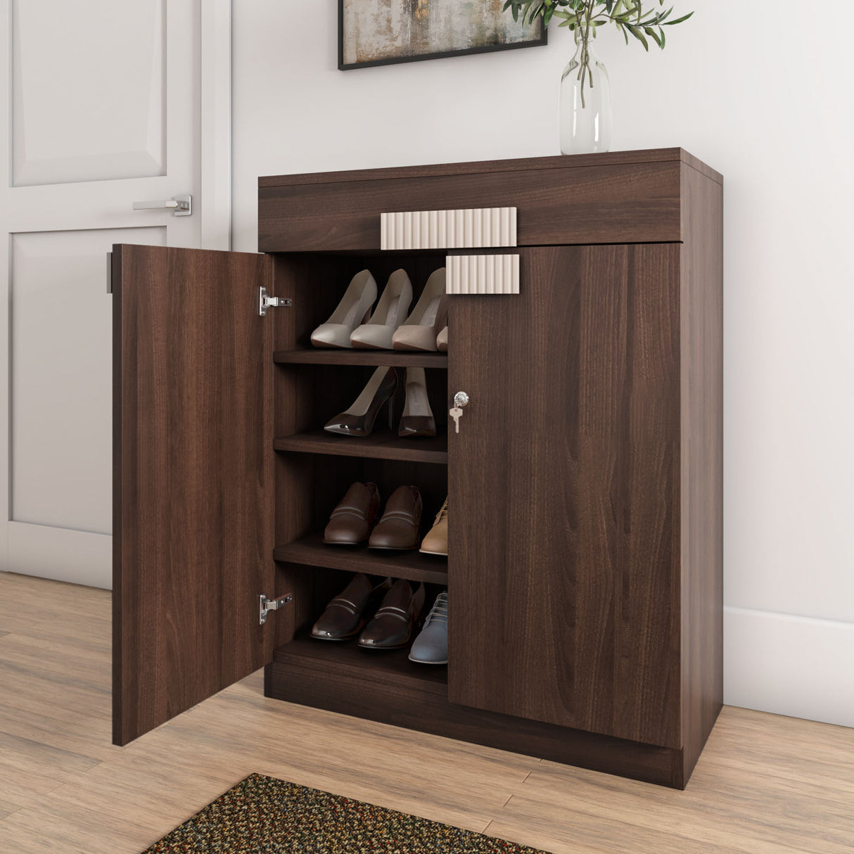 Rova Engineered Wood Shoe Cabinet (Walnut) – Open View