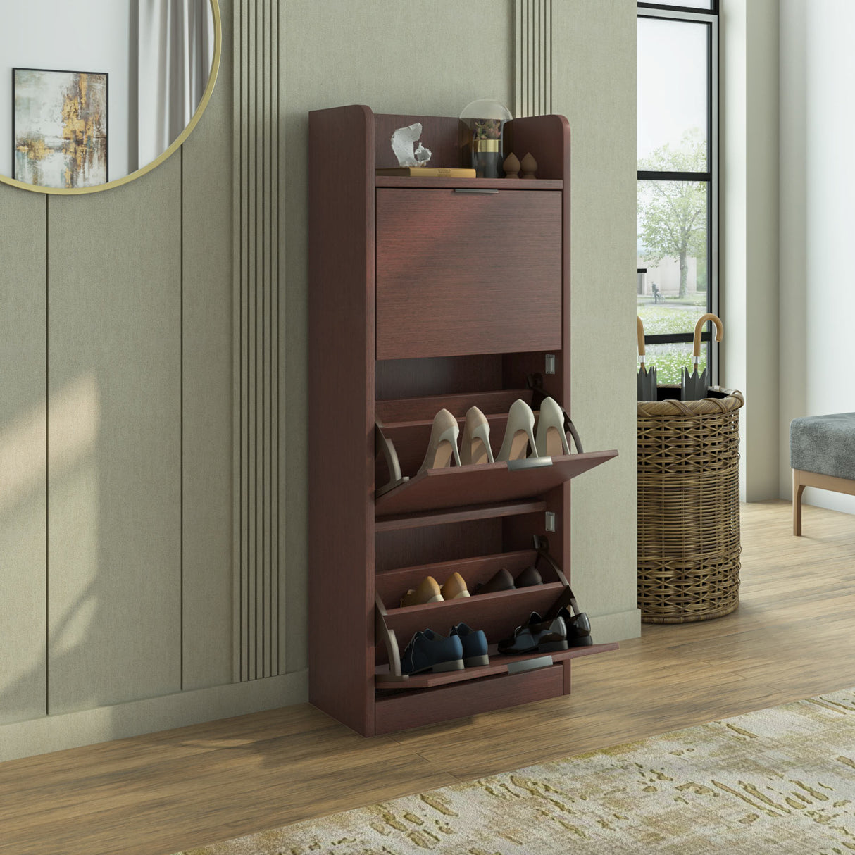 Selena 3 Tier Tilt-Out Shoe Cabinet- Legno Oak Dark