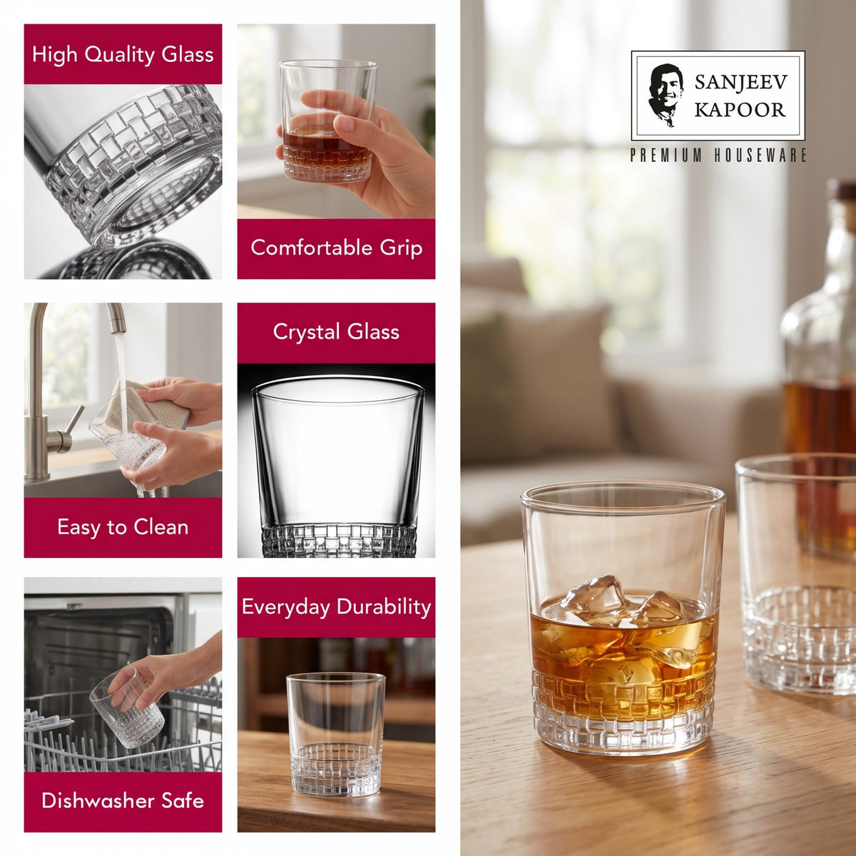 Sanjeev Kapoor Terra Whisky Glasses Set of 6- 330 ml, Transparent