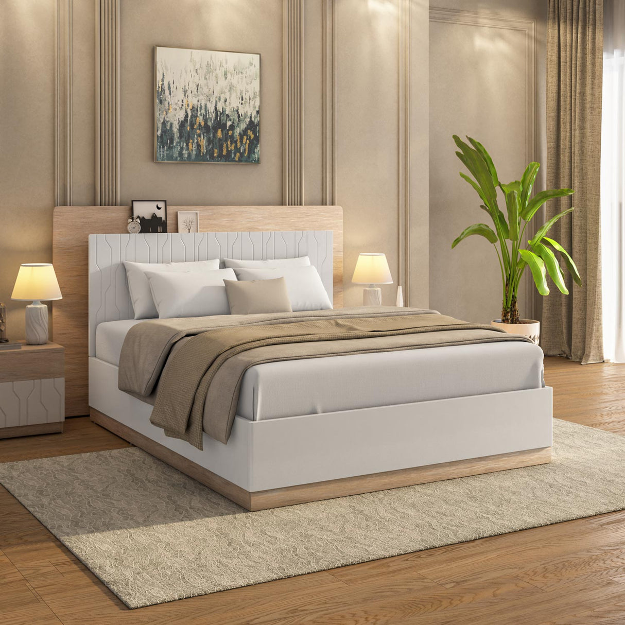 Tron Queen Bed with Hydraulic Storage- Travertine & White
