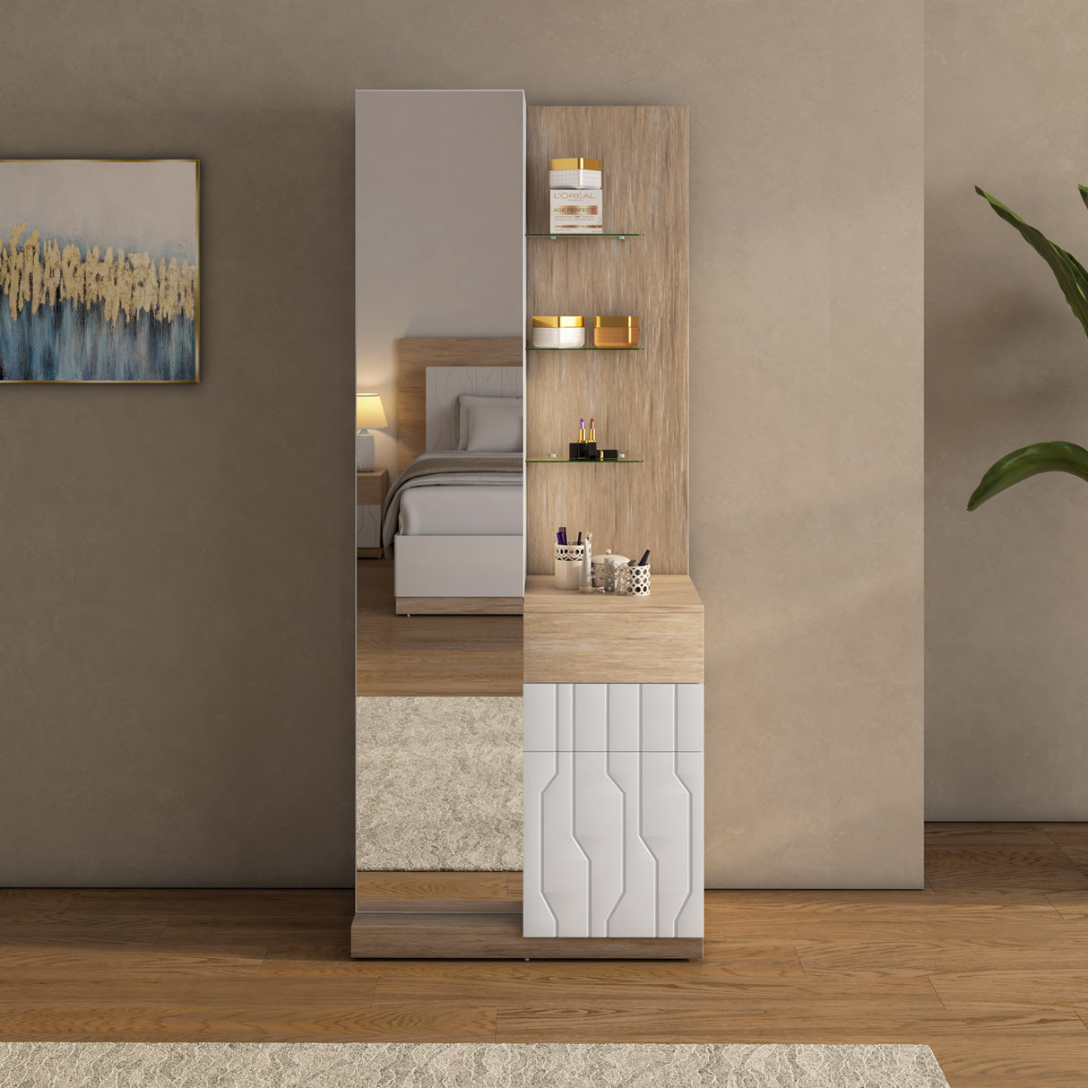 Tron Engineered Wood Dresser- Travertine & White