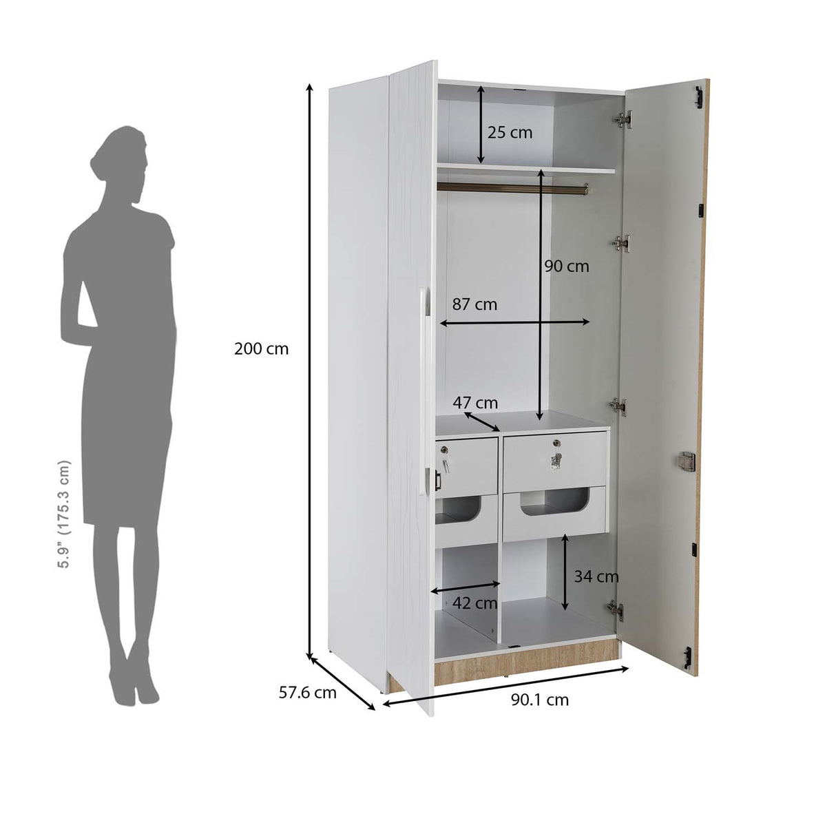 Tron 2 Door Wardrobe- Travertine & White