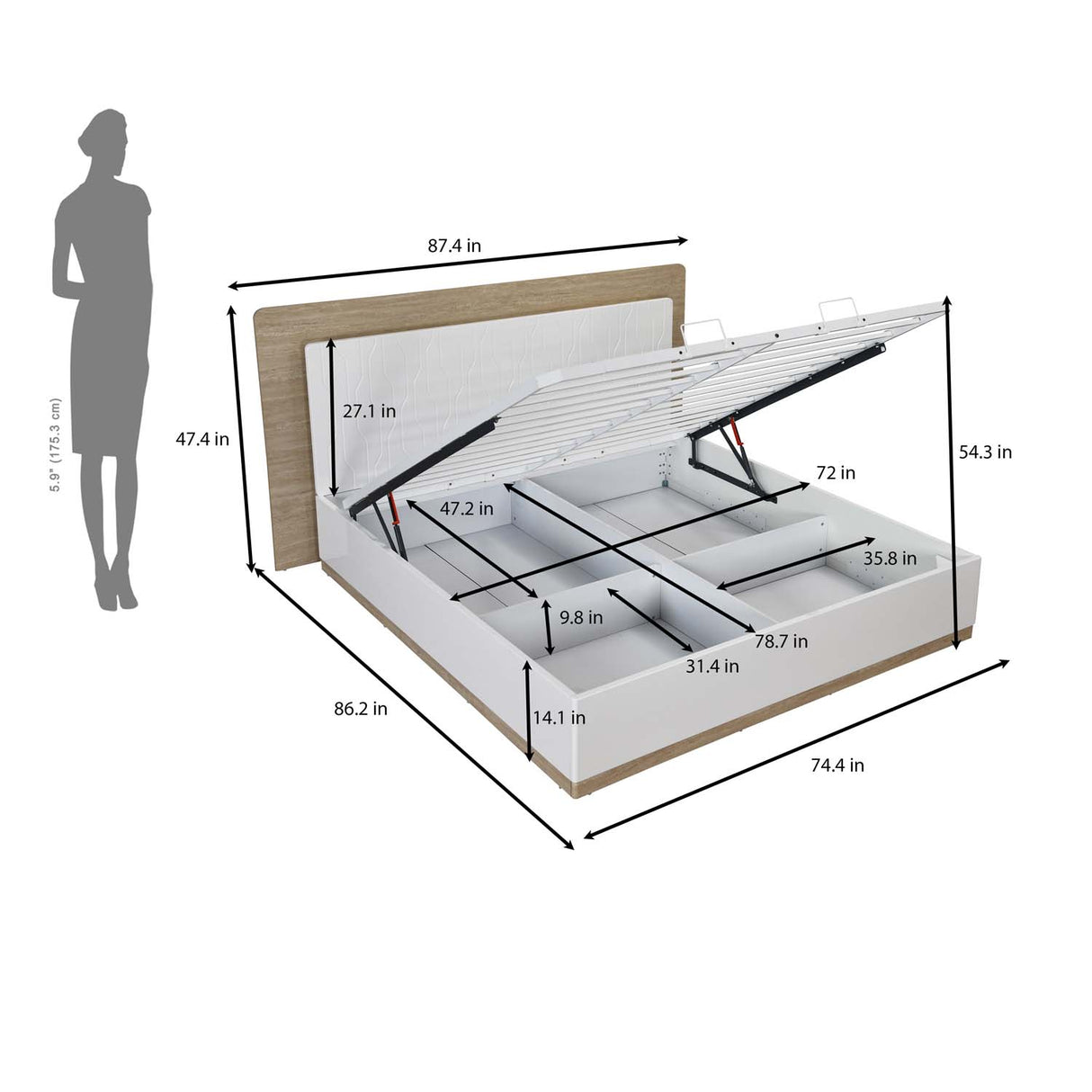 Tron King Bed with Hydraulic Storage- Travertine & White