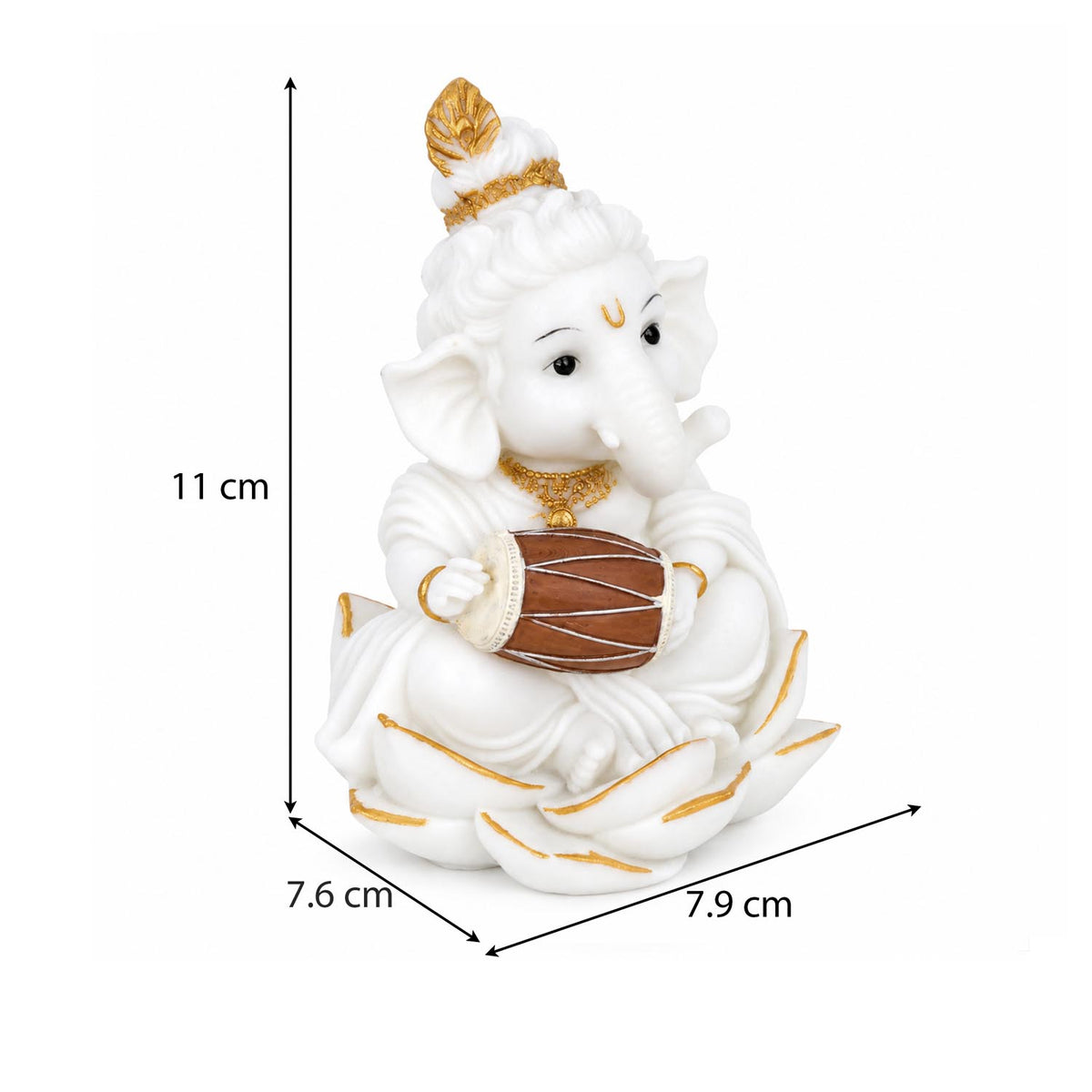 Vandanam Decorative Ganesha with Dhol Showpiece- White & Gold