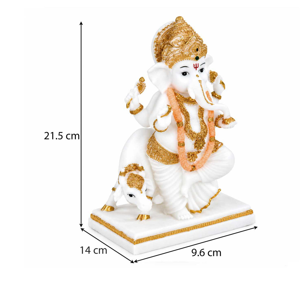 Vandanam Decorative Ganesha and Cow Showpiece- White & Gold