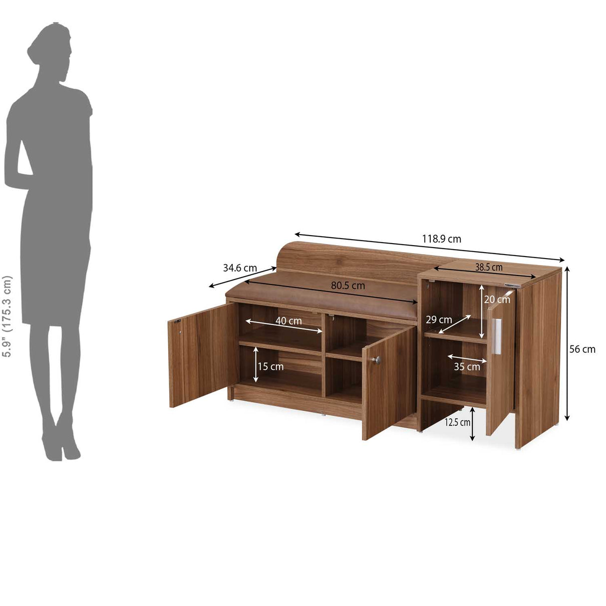 Magnus 3 Door Shoe Cabinet with Small Storage Tower- Lyon Walnut