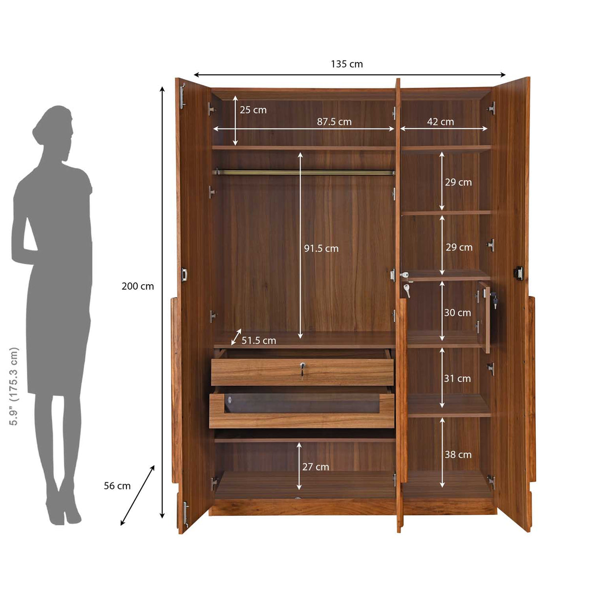 Linea 3 Door Wardrobe- Honey Walnut