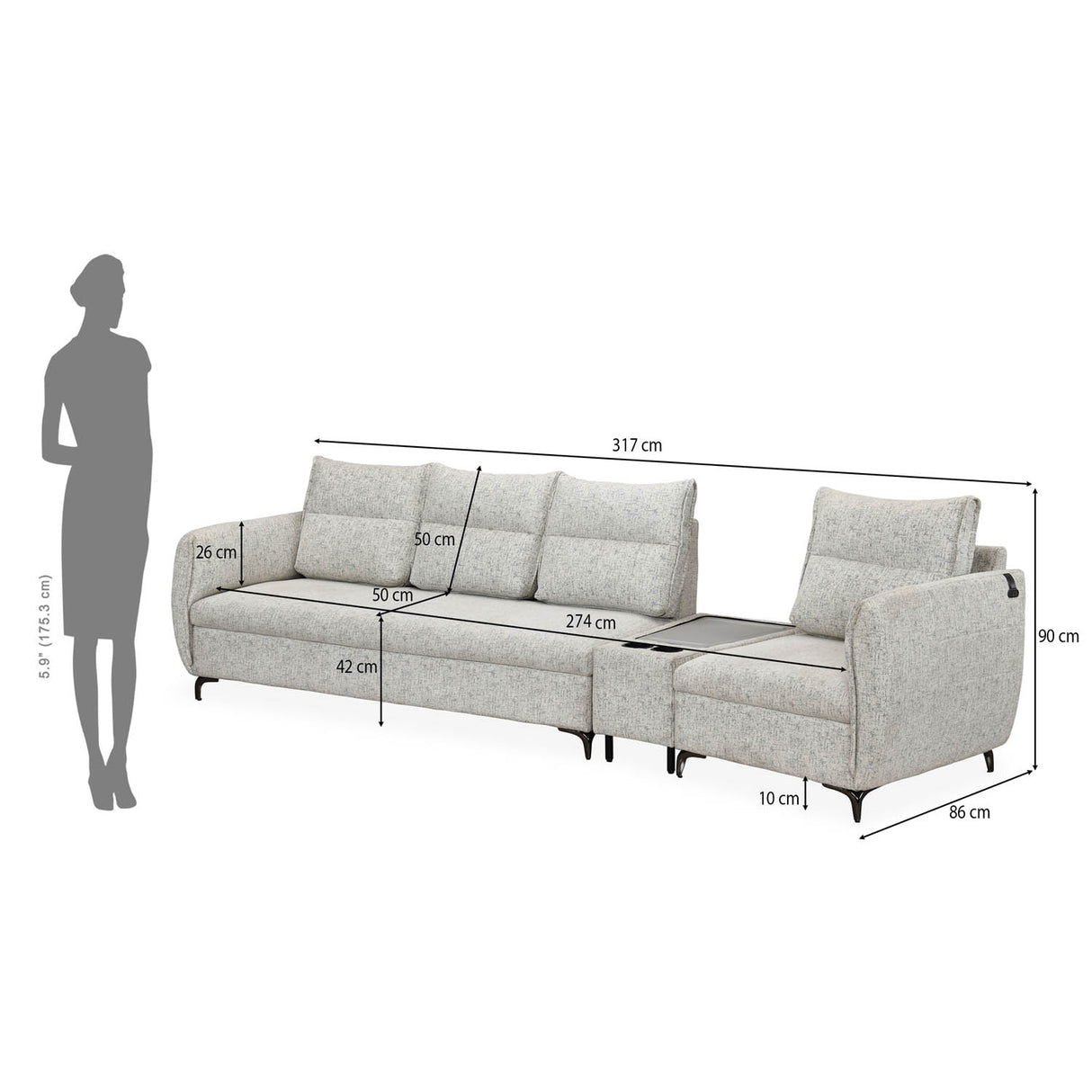 Infinia 3+1 Seater Fabric Sofa Set with Triangle Console- Off White