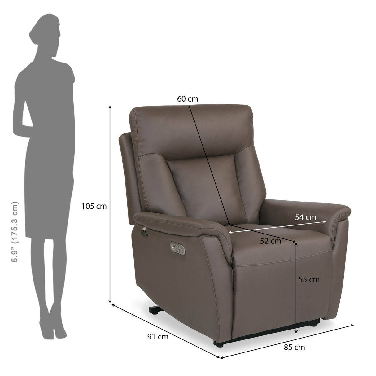 Credal 1 Seater Electric Rocker Recliner Sofa- Brown