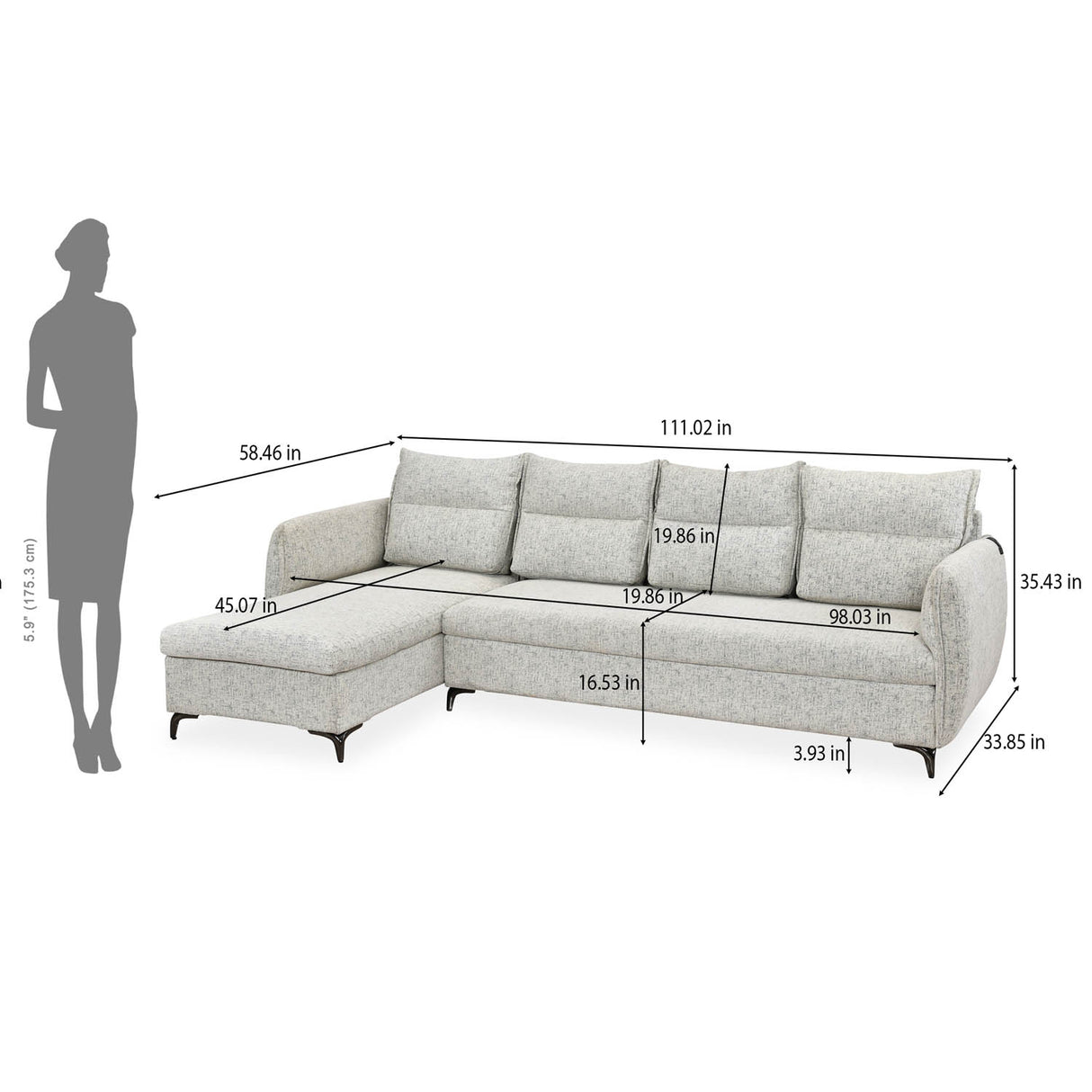 Infinia 4 Seater Fabric Sofa with Right Lounger -Off White