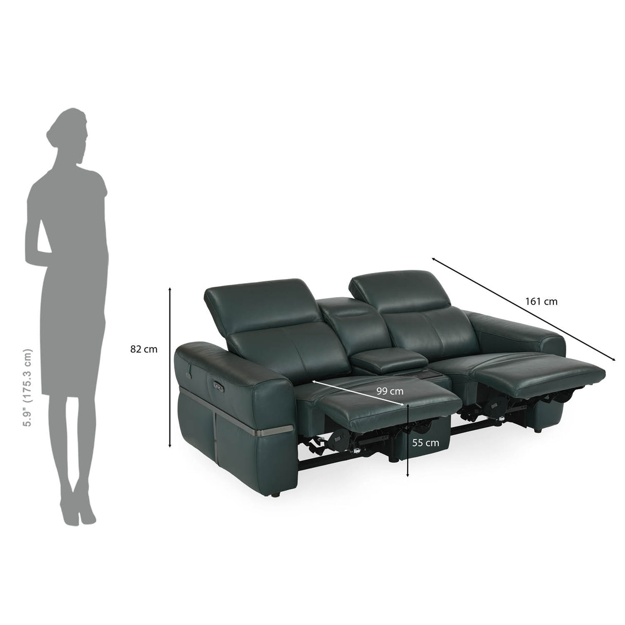 Castel 2 Seater Leather Electric Sofa Recliner with Storage Console- Green