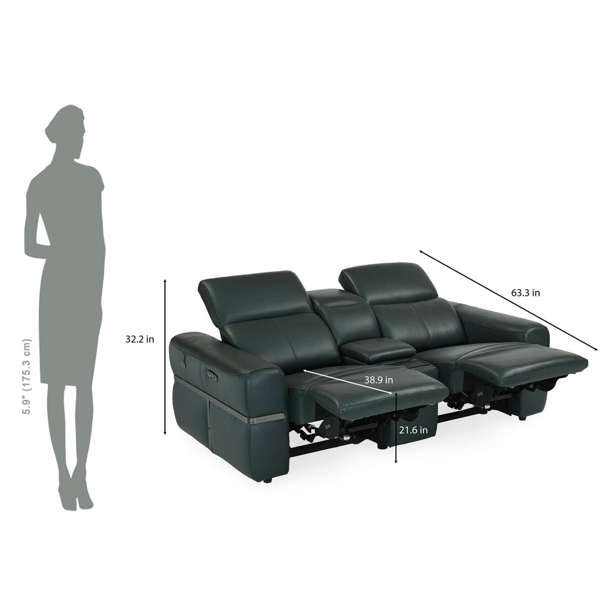 Castel 2 Seater Leather Electric Sofa Recliner with Storage Console- Green