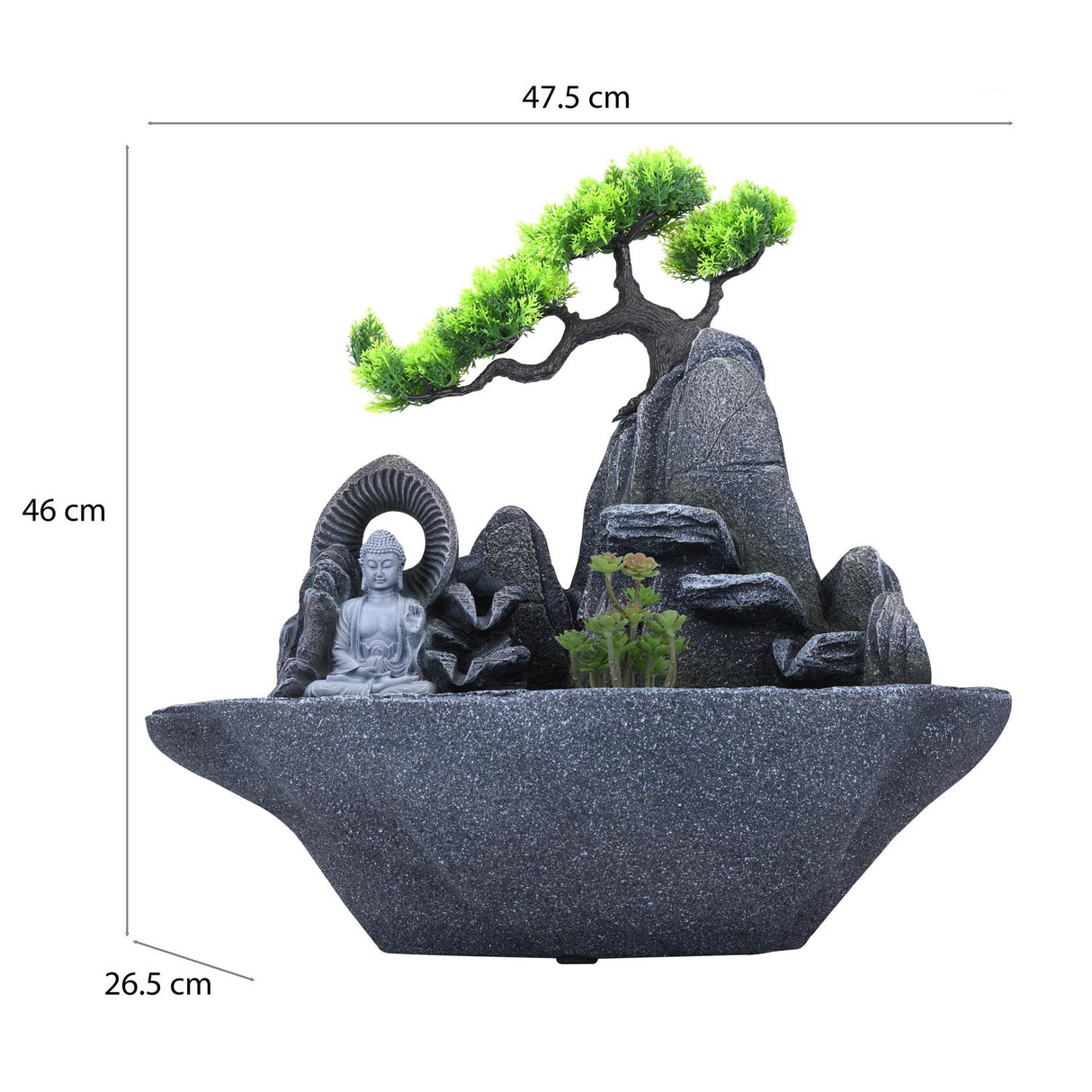 Zen Buddha in Miniature Garden Polyresin Table Top Water Fountain with LED Light- Grey
