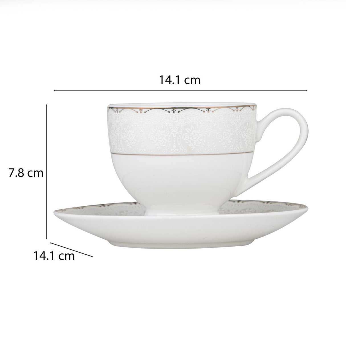 Royal Gold Rim Porcelain Cup and Saucer Set of 6- White and Gold