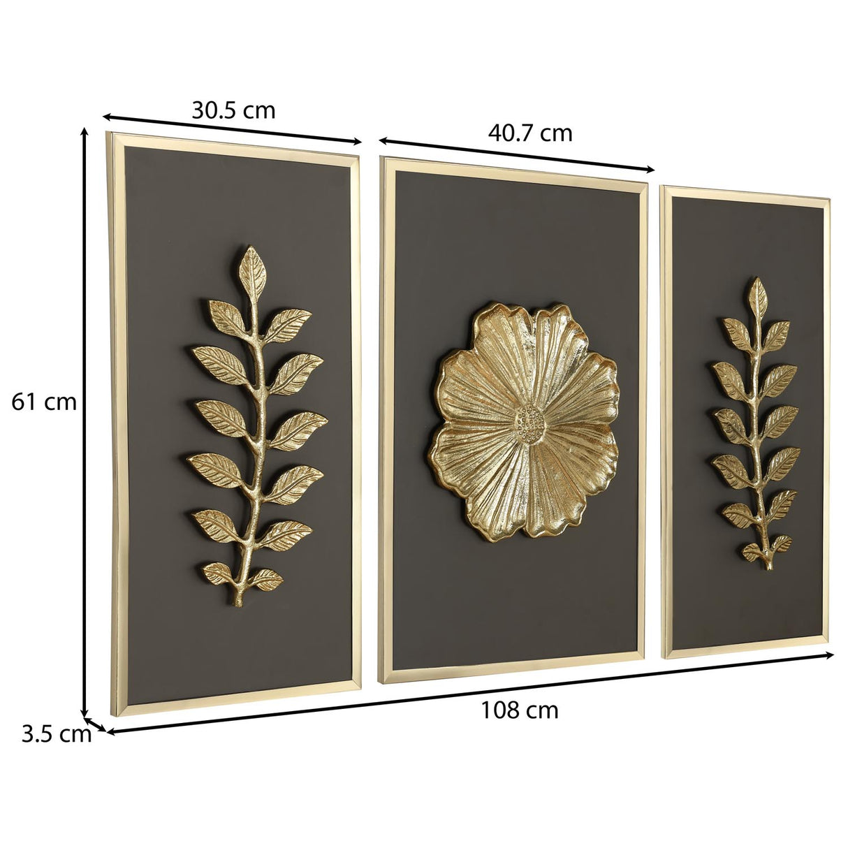 Decorative Three Piece Leaf and Floral Panel Wall Décor- Brown and Gold