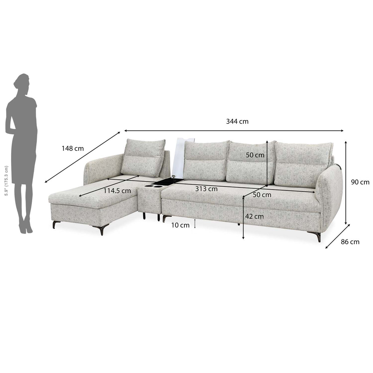 Infinia 4 Seater Fabric Sofa with Right Lounger and Rectangle Console- Off White