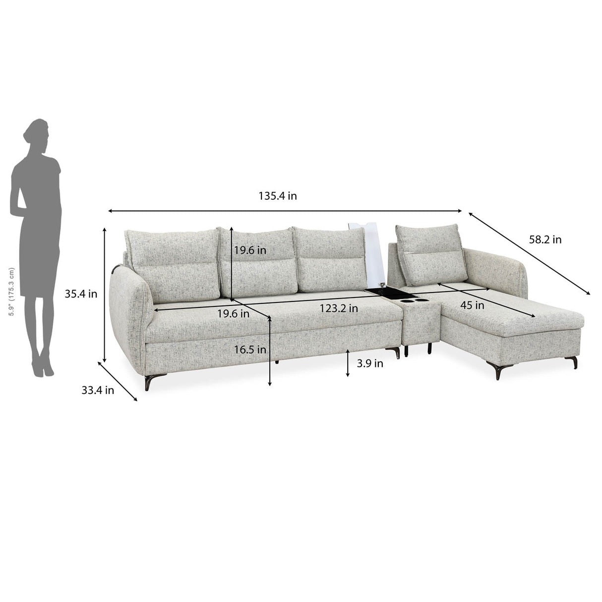 Infinia 4 Seater Fabric Sofa with Left Lounger and Rectangle Console- Off White