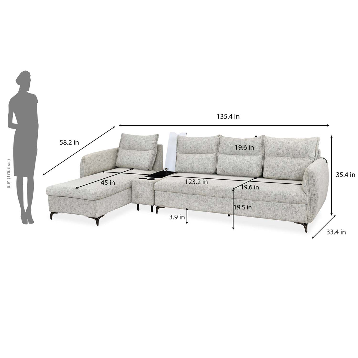 Infinia 4 Seater Fabric Sofa with Right Lounger and Rectangle Console- Off White