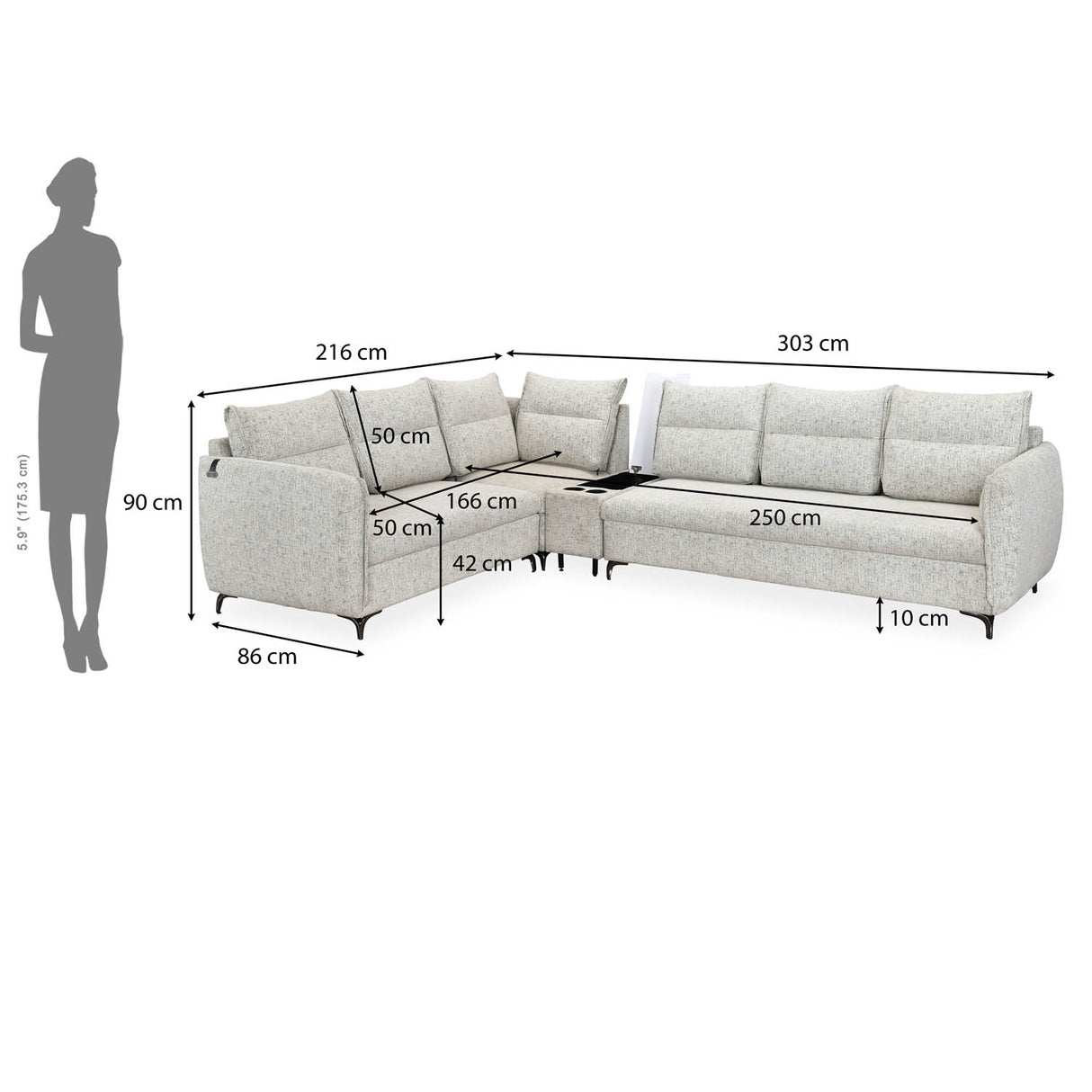 Infinia 3+2+1 Seater Fabric Sofa Set with Left Corner Sofa and Rectangle Console- Off White