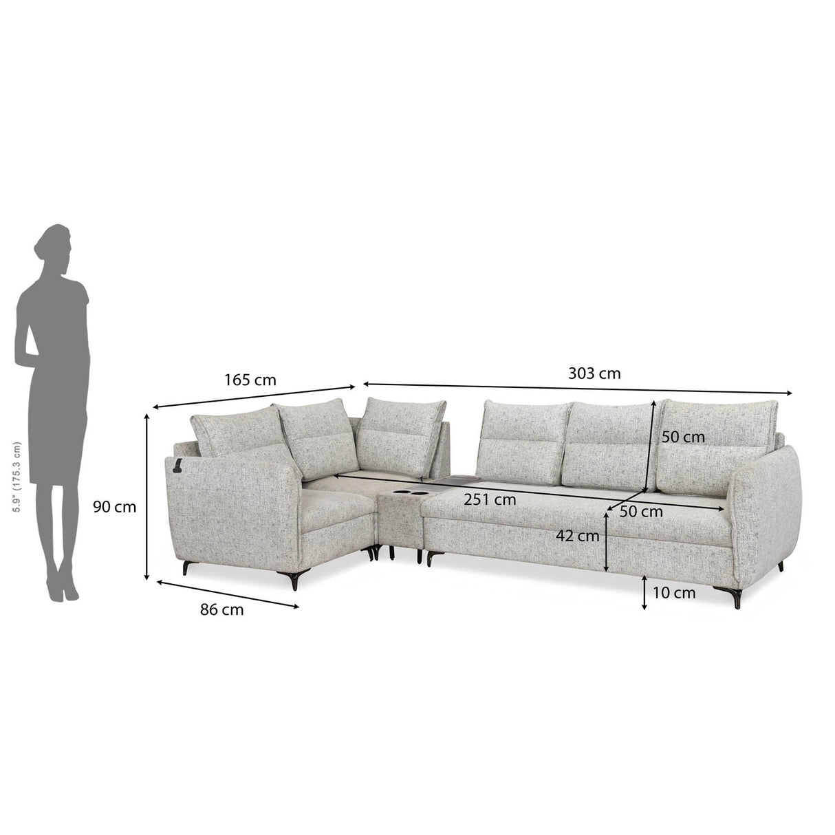 Infinia 3+1+1 Seater Fabric Sofa Set with Right Corner Sofa and Rectangle Console- Off White