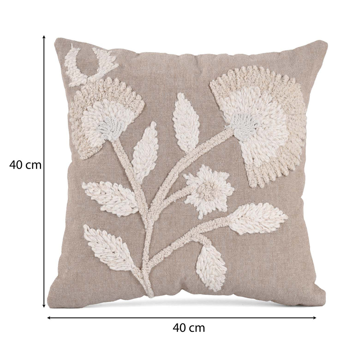 Floral Embroidered Cotton & Polyester 16" x 16" Cushion Cover- Beige