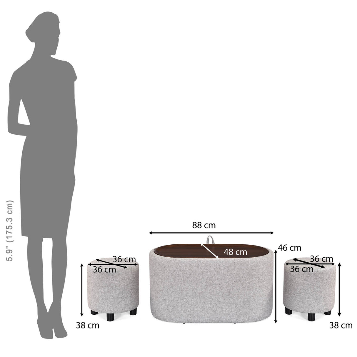 Dennis Center Table with Storage and 2 Poufs- Grey