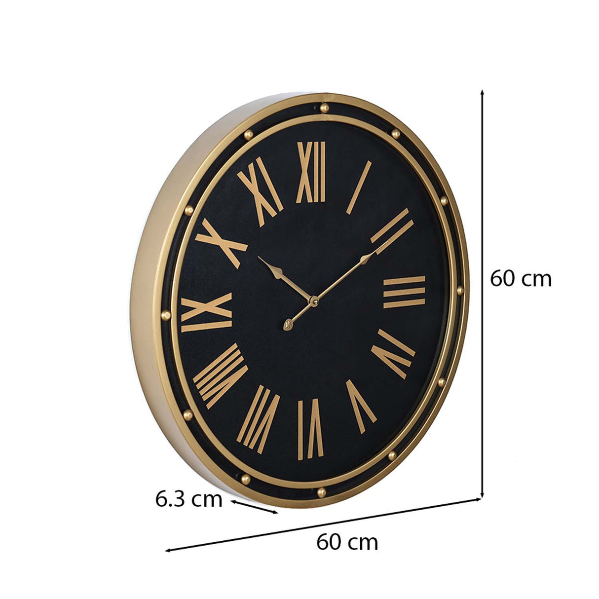 Roman Numerals Circular Metal Wall Clock- Gold & Black