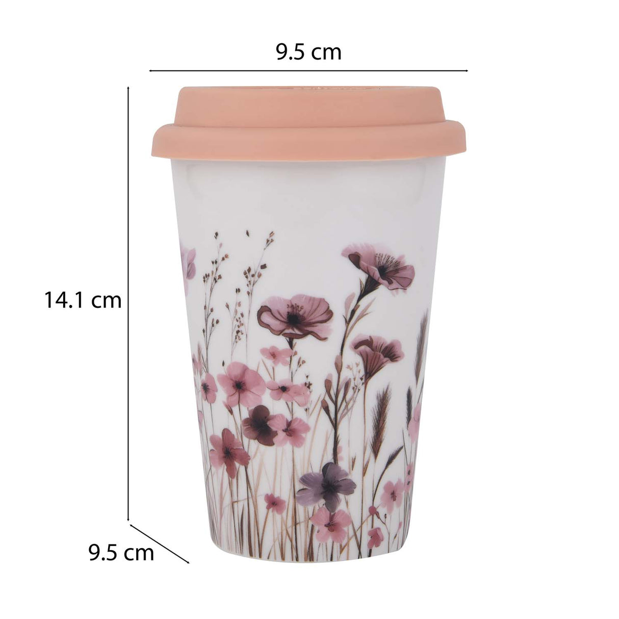 Floral Design 420 ml Ceramic Coffee Mug with Lid- Pink