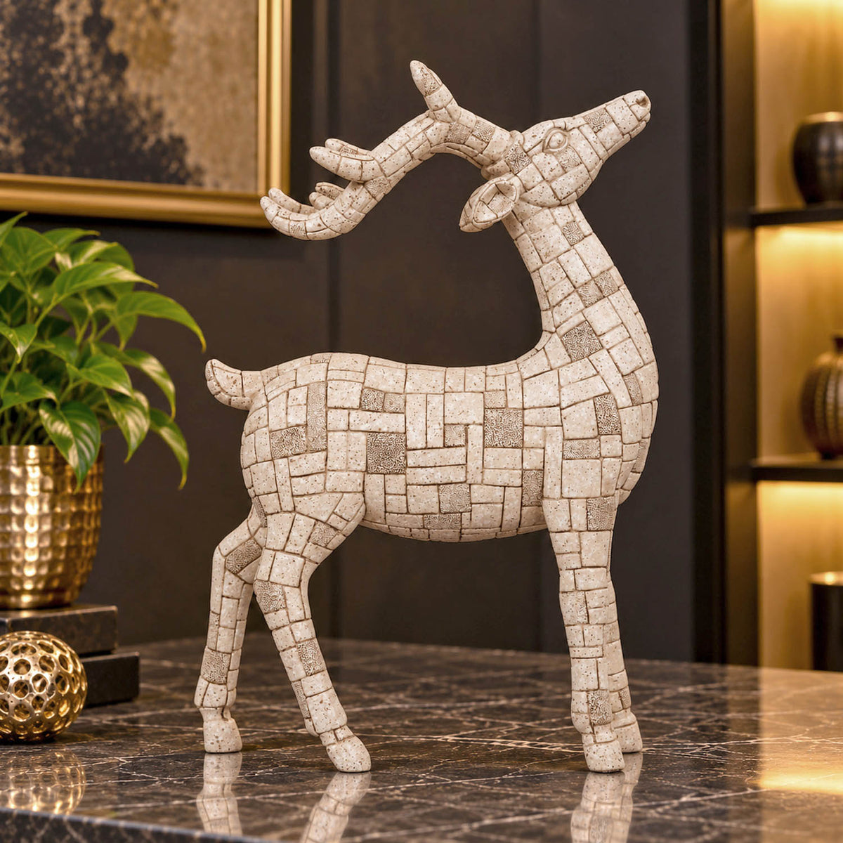 Urban Safari Wild Deer Mosaic Showpiece- Beige
