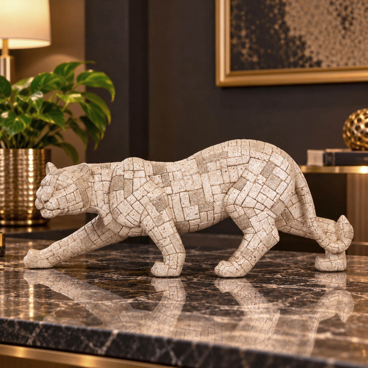 Urban Safari Lioness Mosaic Showpiece- Beige