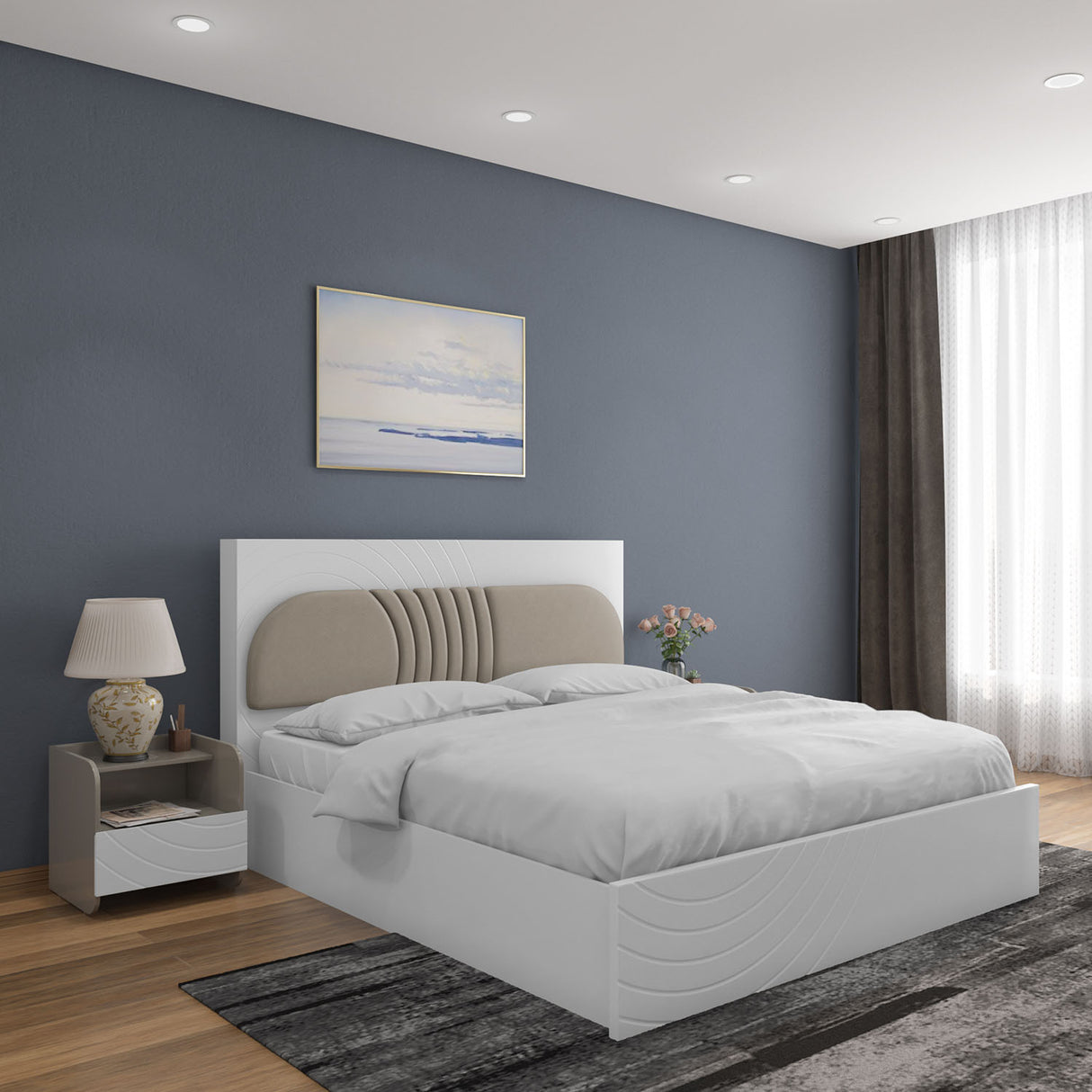 Nilkamal Cassini King Bed with Hydraulic Storage and Backlight Headboard (White)