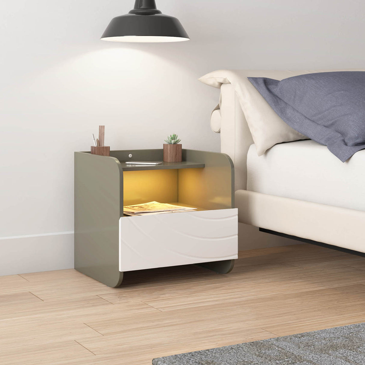 Nilkamal Cassini Night Stand with Led Light and Wireless Charging Area (White)