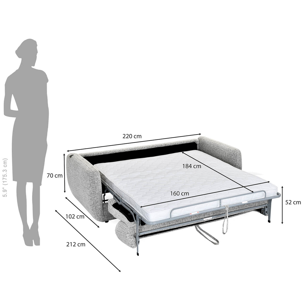 Nestivo 3 Seater Fabric Sofa Cum Bed with Pocket Spring Mattress- Texture Grey