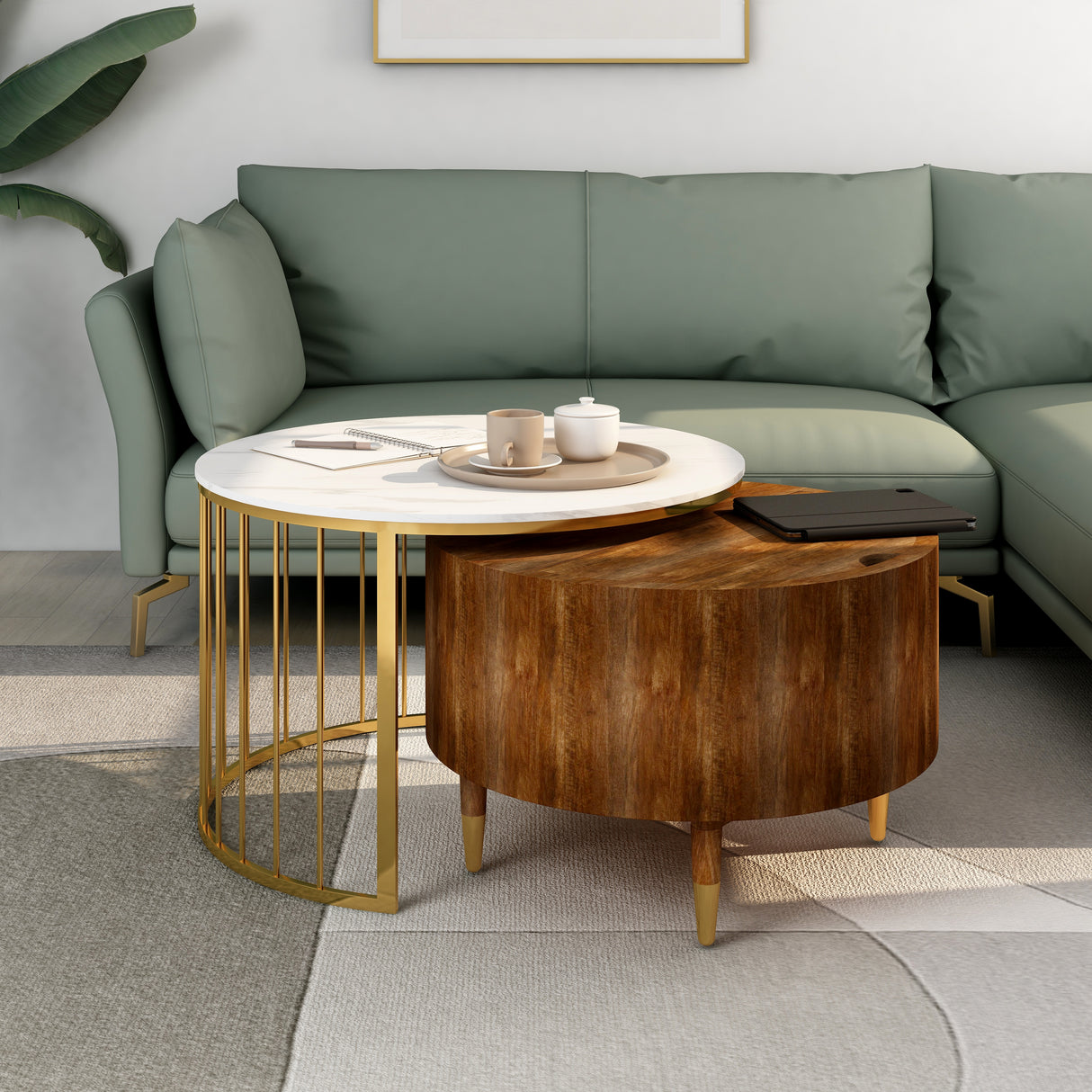 Nilkamal Emmit Marble Top Center Table with Storage (Sun Walnut)