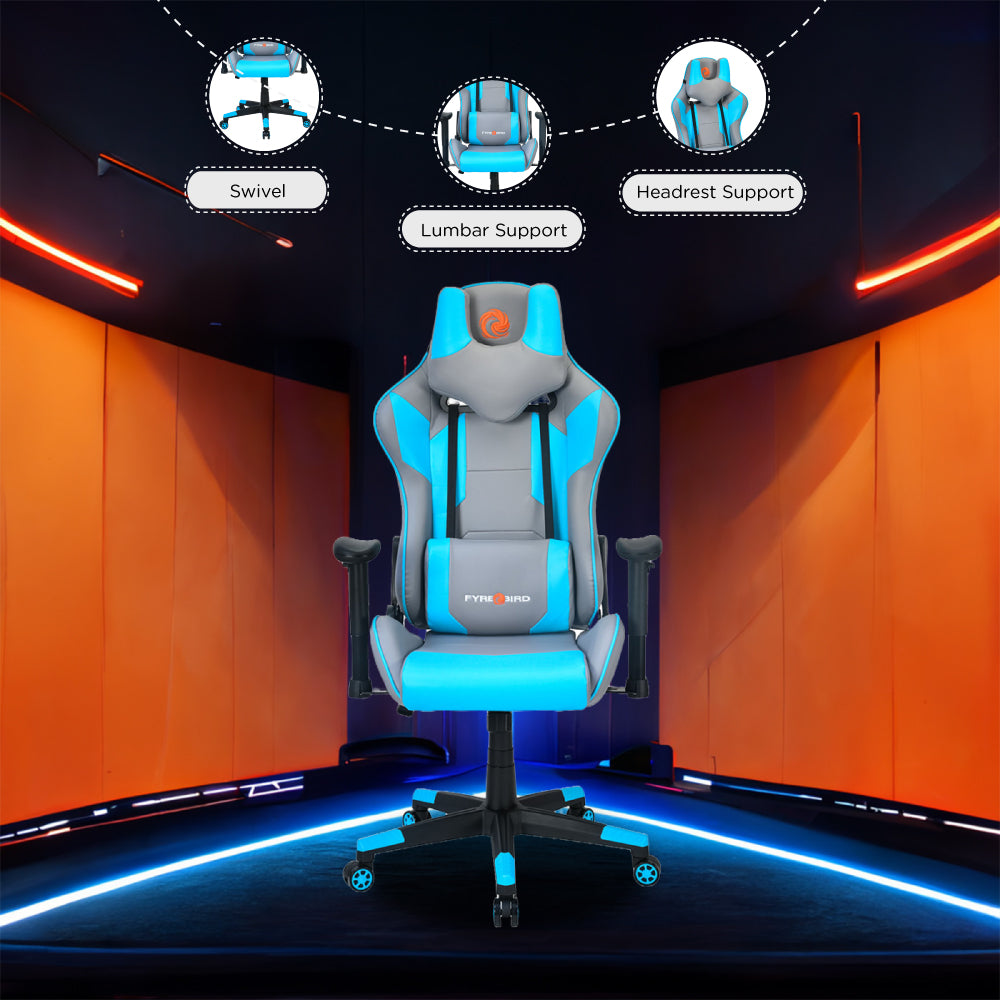 Nilkamal Athena Leatherette Ergonomic Gaming Chair with Neck & Lumbar Pillow (Grey & Turquoise) - 03