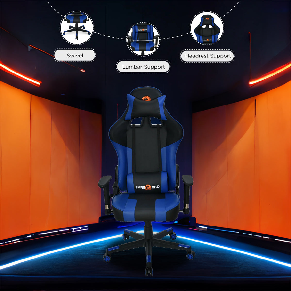 Nilkamal Bosco Leatherette Ergonomic Gaming Chair with Neck & Lumbar Pillow (Black & Blue)