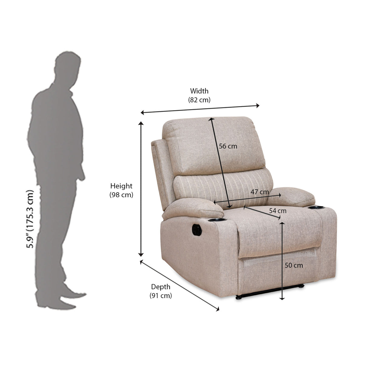 Comfy 1 Seater Fabric Manual Recliner with Cup Holder (Beige) - Size in Centimetre