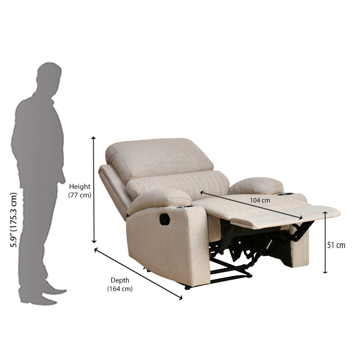 Comfy 1 Seater Fabric Manual Recliner with Cup Holder (Beige) - Open View Size in Centimetre
