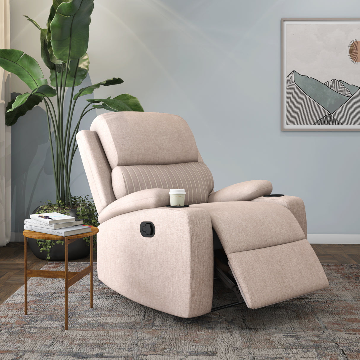 Comfy 1 Seater Fabric Manual Recliner with Cup Holder (Beige) - Main View